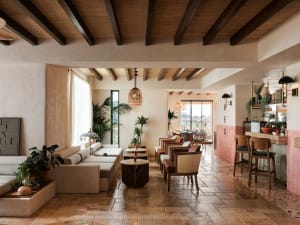 Modern lounge space featuring concrete walls and a wooden ceiling.