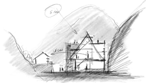 Detailed pencil sketch depicting a construction site with a wooden frame, showing structural elements and a mountain in the b