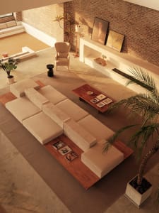 Modern, minimalist living room with concrete floor and furniture, featuring a sectional sofa, coffee table, and decorative pl
