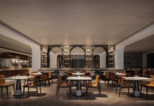 Modern restaurant with wooden flooring, leather chairs, metal tables, and glass shelves