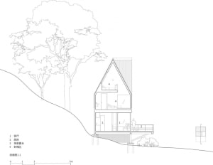 A-frame house schematic plan showing the layout of the interior and exterior of a house.