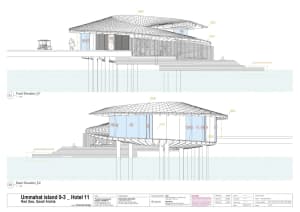 Elevations of a Ummahat Island Hotel structural design showing front and back views of the building's exterior.