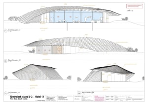 Three-dimensional architectural render of a hotel exterior with a metal roof and concrete flooring, showcasing the structure'