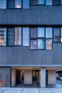 A modern residential entryway with concrete materials and minimalistic design elements.