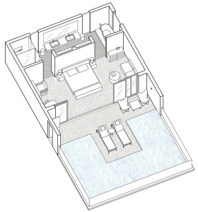 Modern bedroom featuring a terrazzo floor and a swimming pool.