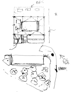 A detailed 2D architectural drawing showing the layout of an interior space, including dimensions and structural elements.