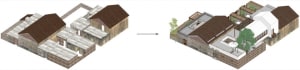 A before and after image showcasing an exterior building renovation featuring brick, windows, and wood elements.