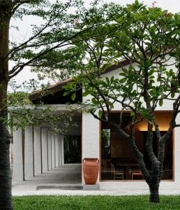 Modern house exterior featuring a concrete wall and glass window.