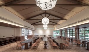 Modern restaurant interior with wooden tables and chairs, geometric light fixtures, and large windows.