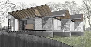 An illustration of a modern house with glass walls and wooden elements.