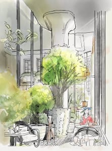 A detailed sketch of an elegant restaurant setting with tables, chairs, plants, and a woman sitting at one of the tables.