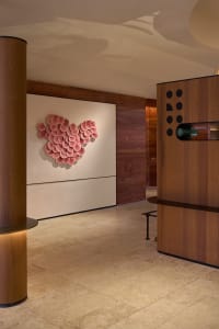 Modern retail shop interior featuring a camera lens-shaped art installation and wooden elements.