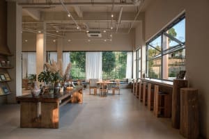 Contemporary coffee shop interior with wooden furnishings, concrete accents, and glass walls.