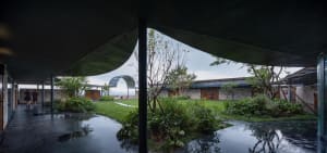 A modern garden featuring grass and plants atop a concrete structure.