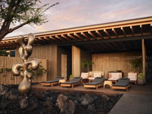 A modern residential lounge area with wooden furniture and a metal sculpture in the foreground.