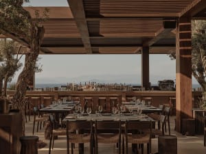 Wooden-furnished dining area with tables set for guests and a bar area in the background.