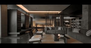 A modern living room with concrete walls and floors, featuring large sofas and a minimalist design.