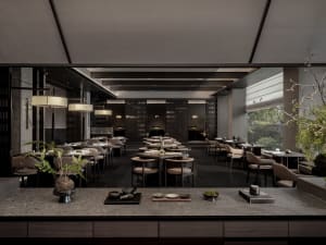 Modern restaurant interior with dark wood furniture, marble countertops, and minimalist design.