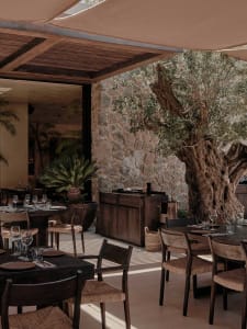 A modern restaurant interior featuring wooden furniture and stone walls.
