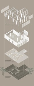 A 2D architectural drawing of an office interior with furniture and structural elements.