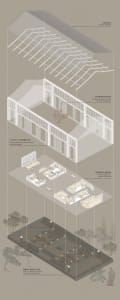 A modern office interior floor plan featuring wooden beams and structural elements.