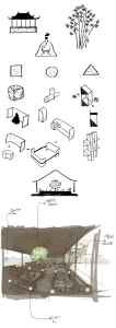 A sketched rendering of an architectural interior using paper as the medium.