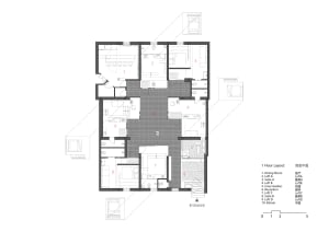 Floor plan of an office space with numbered rooms and labeled areas.