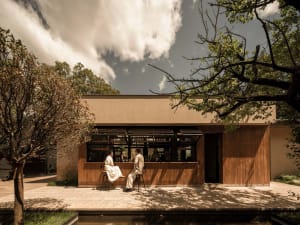 People enjoying drinks at a minimalist cafe with wooden features and outdoor seating.