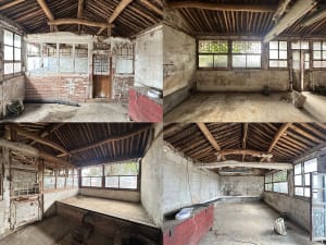 An old abandoned building's interior with concrete floors and brick walls.
