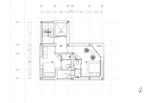 Architectural layout diagram of a residential building showcasing residential spaces and structural elements.