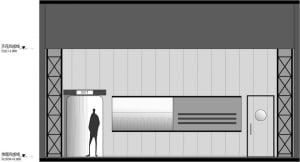 An architectural rendering of a storefront with a modern concrete design.