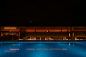 Modern studio with glass walls and a swimming pool at night.