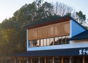A modern residential exterior with wood cladding and large windows.