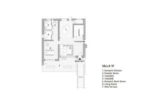 Floor plan of Villa 1F showing Kerbee's Kitchen, Powder Room, Toilets (W and M), Kerbee's Work Room, Living Room, and Villa T