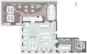 A 2D architectural drawing of an office space with bright, natural lighting on polished concrete.