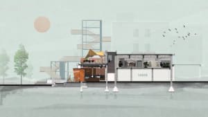 A detailed architectural rendering of an outdoor cafe with a balcony, featuring mixed materials and a clear view of the surro