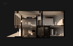 Modern living room with concrete and wood materials, featuring a minimalist design style.
