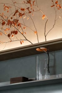 A modern kitchen with a wooden branch, dried leaves, and a vase.
