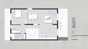 A 2D architectural drawing of a modern residential floor plan featuring a living room, kitchen, and bedrooms.