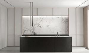 Modern minimalist kitchen with white marble backsplash and black cabinetry