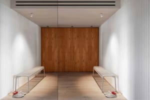 A modern entrance featuring a wooden door and benches.