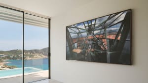 Modern interior with large glass windows and metallic accents.