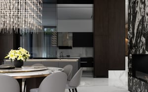 Modern kitchen with marble countertop, glass cabinetry, and industrial design elements.