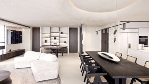 Modern minimalist living, dining, and kitchen space in a modern home with white and wooden finishes.