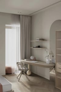 A minimalist home office with a wooden desk, light-colored stone countertop, and floor-to-ceiling curtains by a large window.