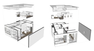 Illustration of a modern interior design featuring a concrete floor plan.