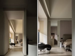 Modern minimalist interior design featuring natural wood, leather, and metal elements.