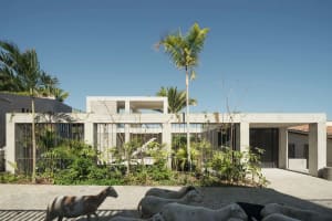 A modern minimalist house with a concrete exterior and glass windows.