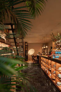 Inviting coffee shop interior with brick walls, wooden furniture, and potted plants, featuring a counter area with various items and seating options