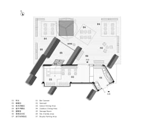 2D floor plan of a modern restaurant with various rooms, well-lit with windows or artificial light sources